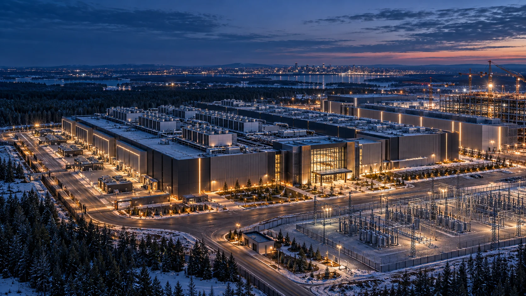 Vue aérienne conceptuelle d’un vaste campus de centres de données au crépuscule