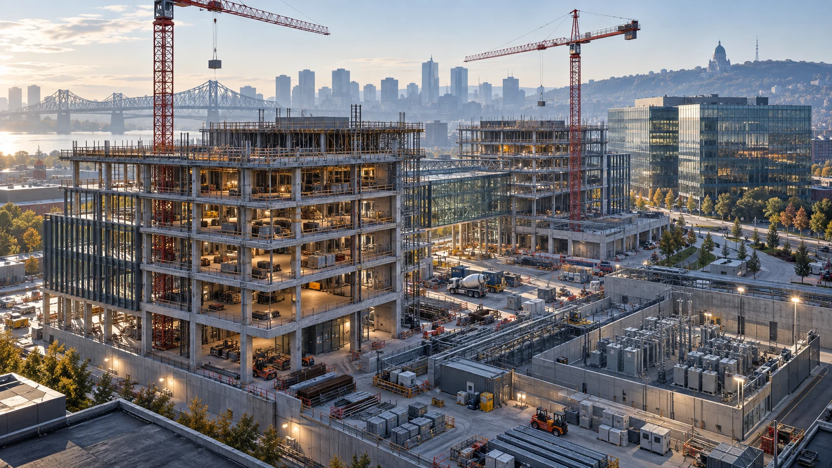 Vue conceptuelle d’un grand campus commercial en construction avec des grues à tour