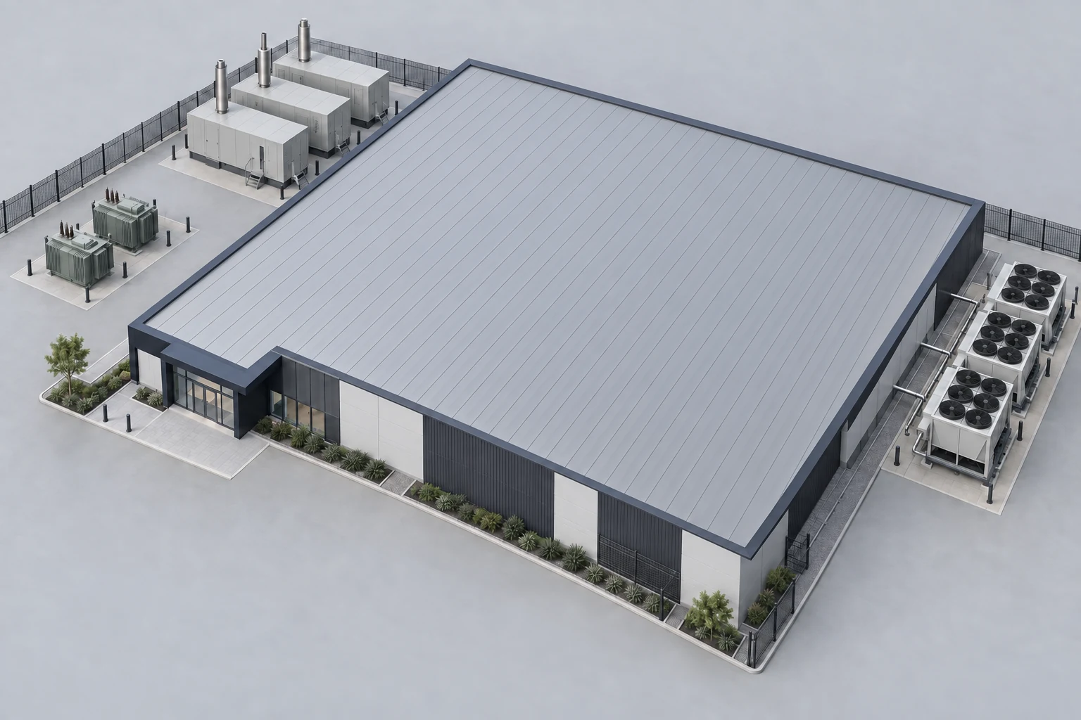 Maquette architecturale d’un centre de données fictif, avec transformateurs et génératrices à gauche, refroidissement à droite et salles techniques à l’intérieur.