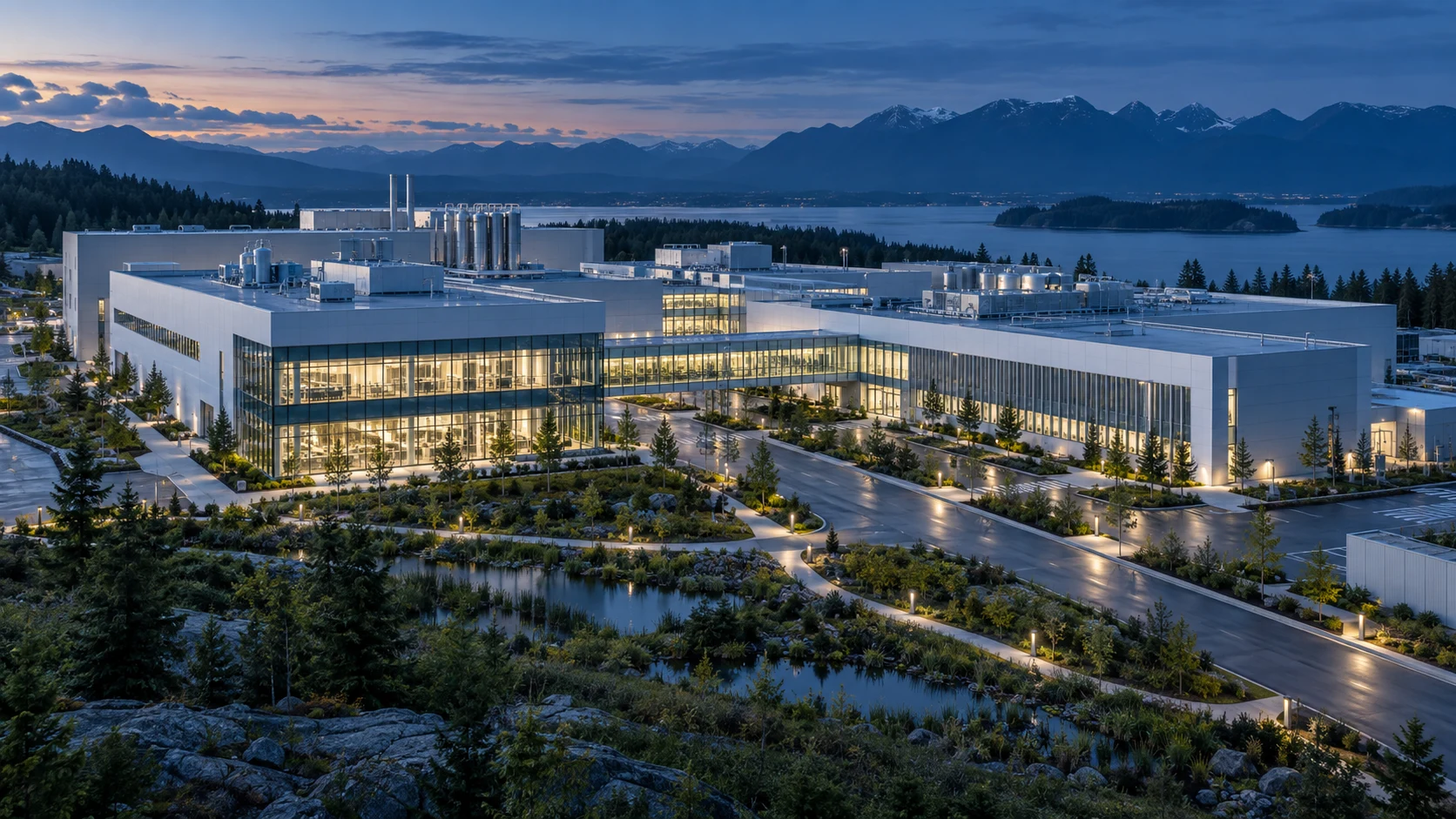 Vue conceptuelle de l’extérieur d’un campus moderne de sciences de la vie à l’heure bleue