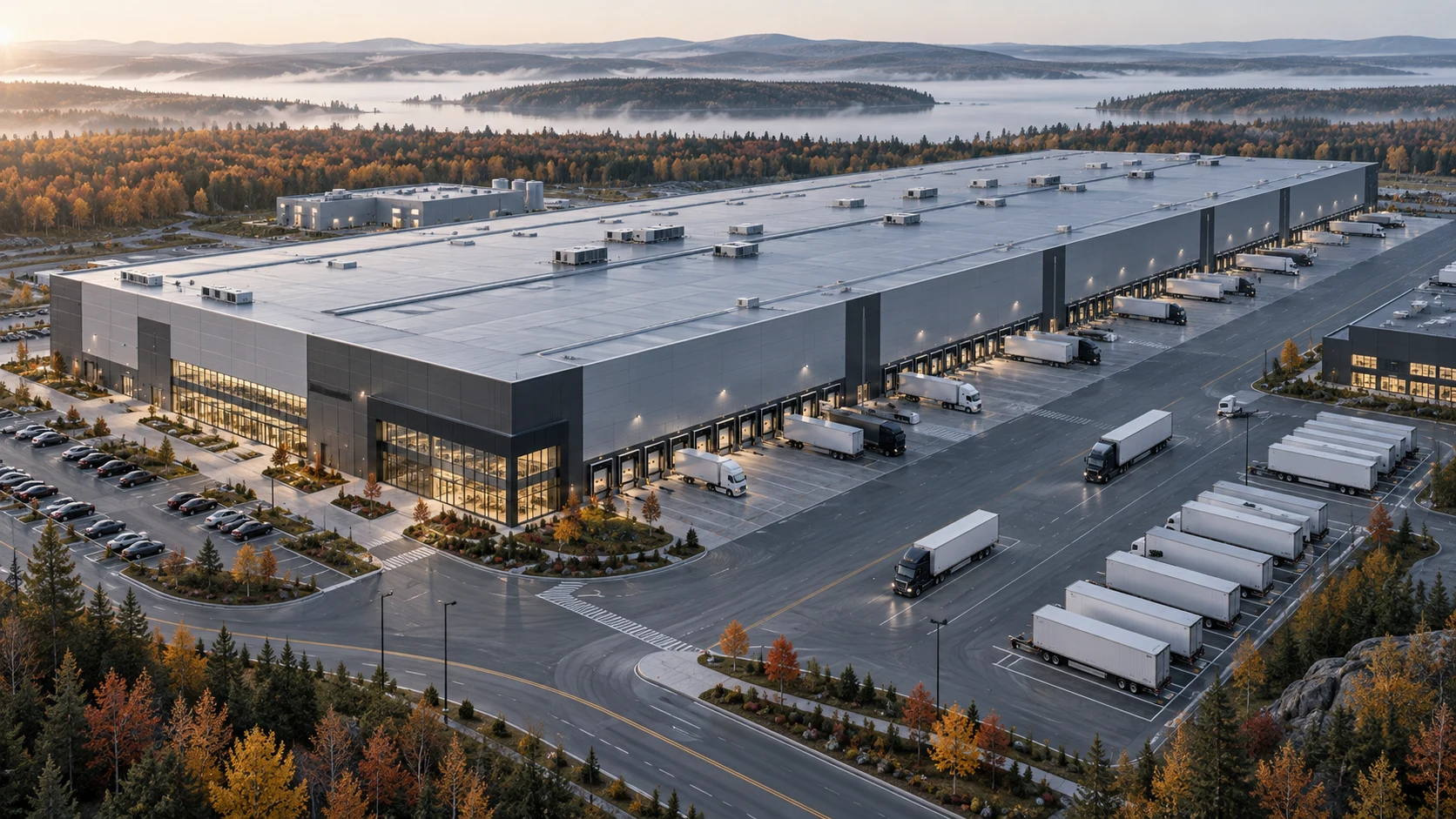 Vue aérienne conceptuelle d’un campus moderne de distribution et de logistique